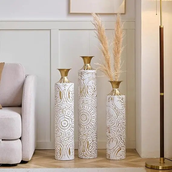 Set Of 3 Metal Vases With Briolette Accent Details