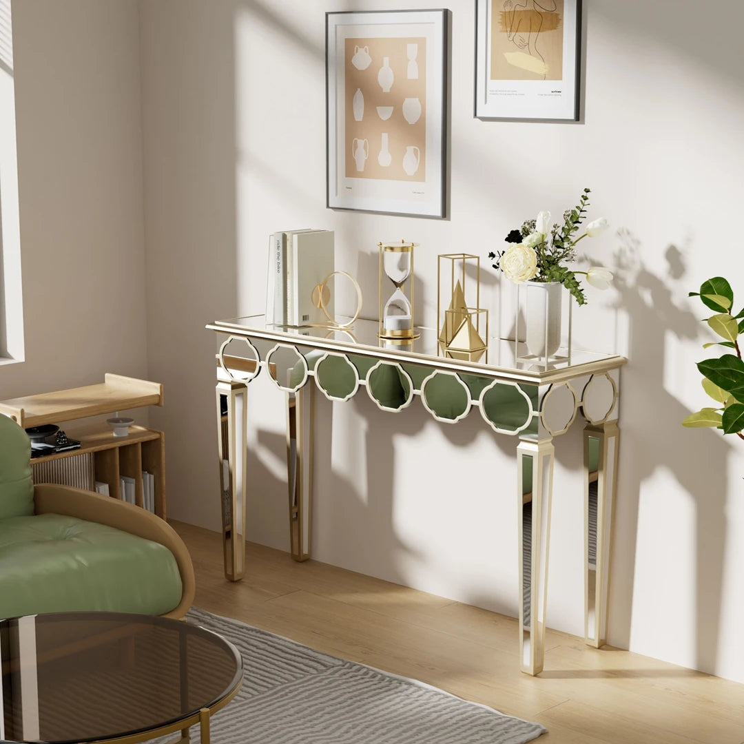 Modern Rectangular Mirrored Console Table Gold Rim Decorative Sofa Entryway Table 4-Leg Living Room Hallway Accent Furniture