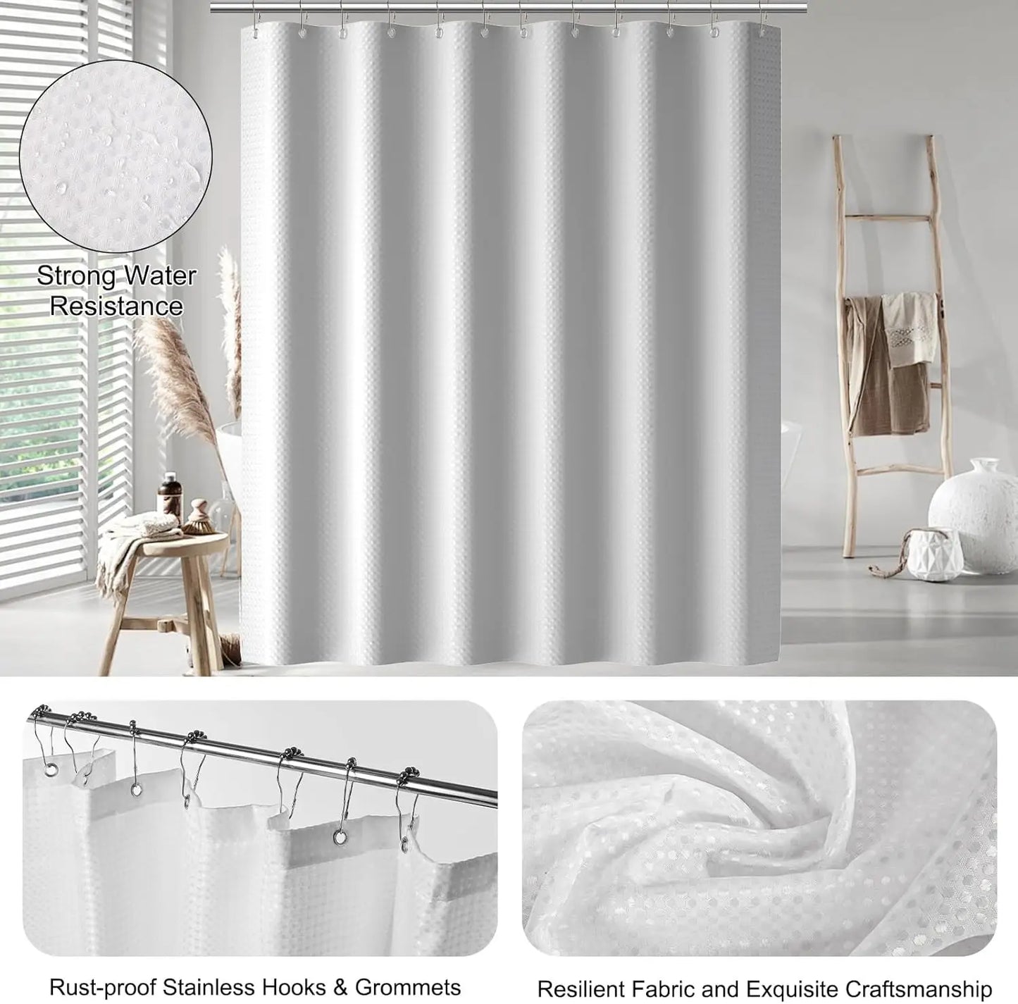 24PCS Bathroom Set. Shower Curtain, Rugs, Trash Can, Brush Holder, Soap Dispenser. Stylish & Functional. White.