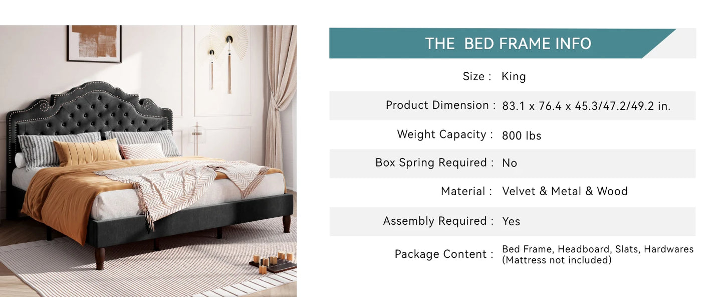 HOOMIC Velvet Tiara Headboard Adjustable Bed Frame Diamond Button Tufted