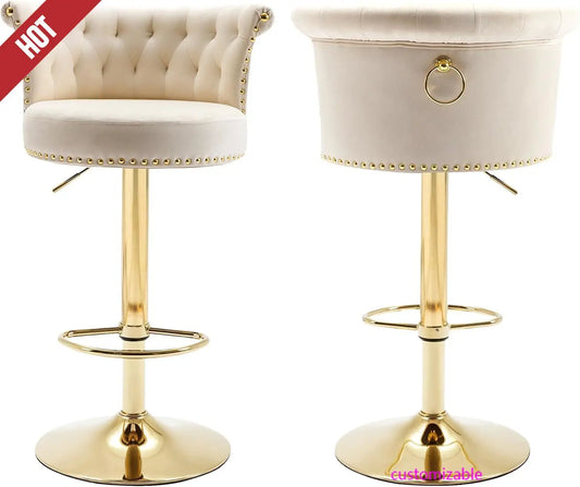 NEW Bar Stools Set of 2, Modern Adjustable Swivel Barstools, Upholstered Tufted Velvet Counter Height Bar Stools Chair , Beige
