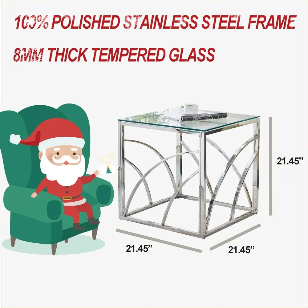 Accent Glass End Table Silver Modern Square 21.45" Glass and Silver End Table Coffee Table Tempered Glass with Stainless Steel F