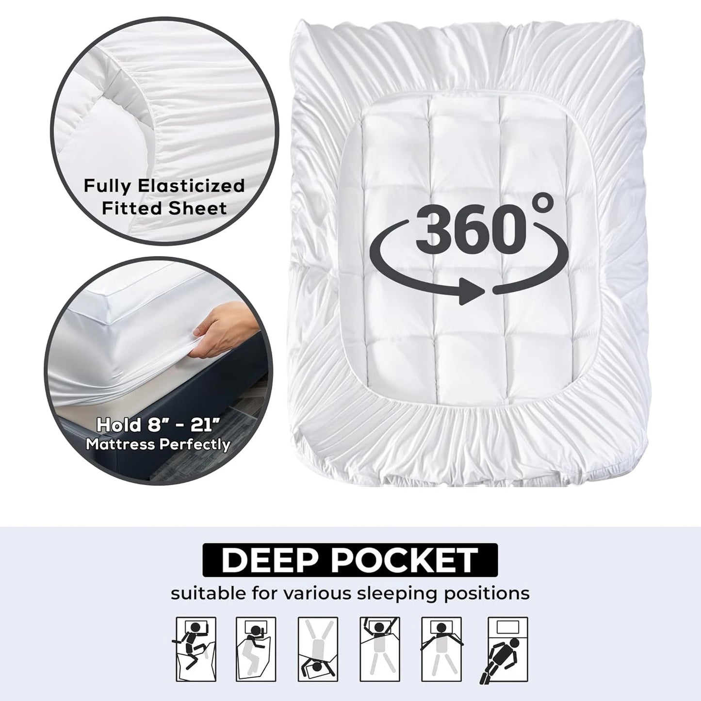 Extra Thick Mattress Topper, Mattress Pad Cover for Back Pain, Cooling Mattress Protector, Overfilled Down Alternative Filling