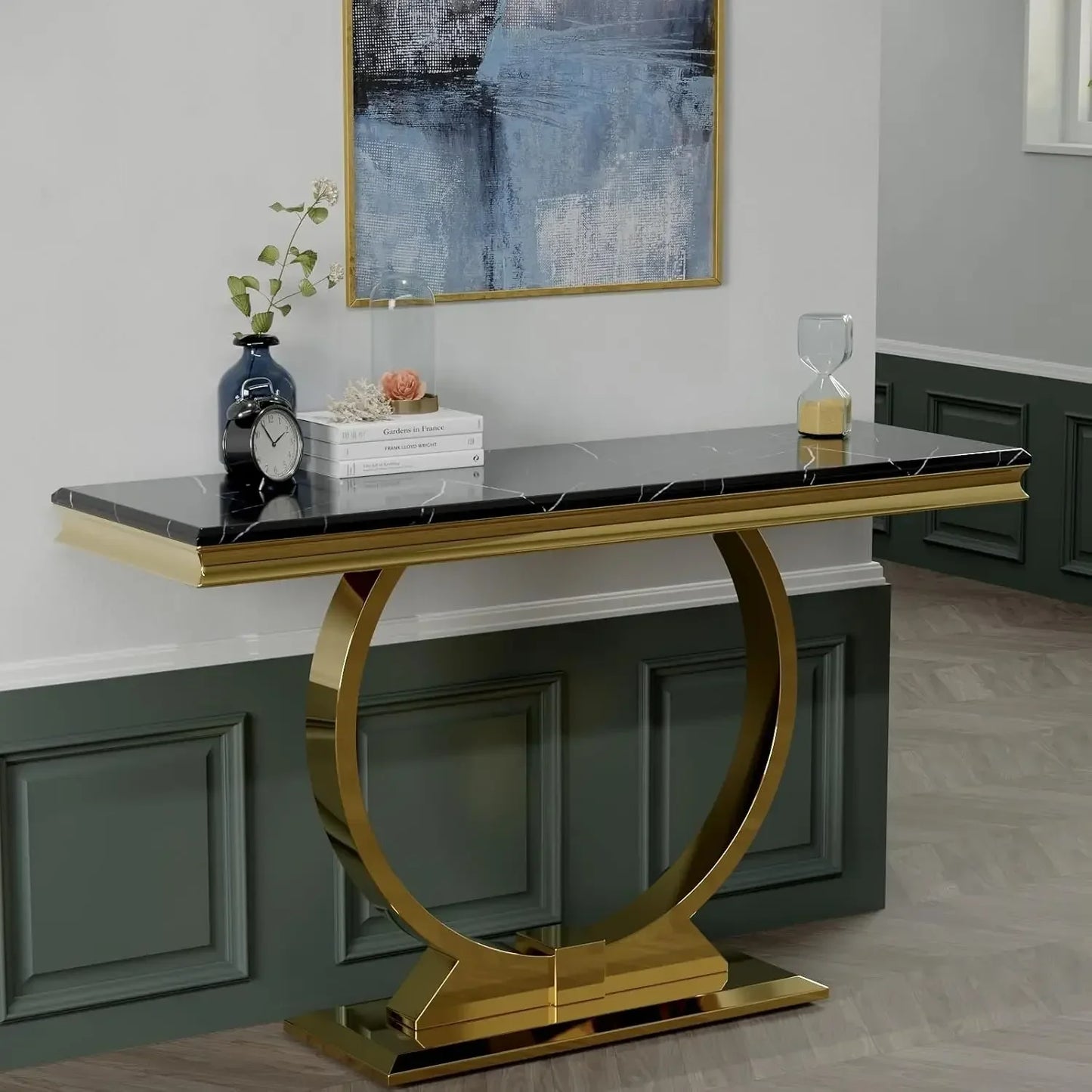 [New Arrival, Limited Stock!]Black Gold Console Table, 50" Black EntranceTable with Gold U Shaped Base, Luxury Entryway Table fo
