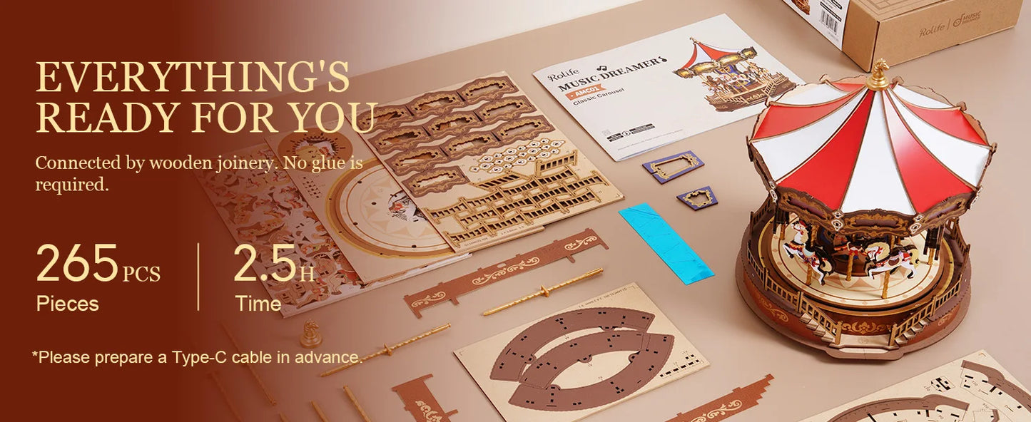 Robotime Classic Carousel Music Boxes 3D Wooden Puzzle Kit