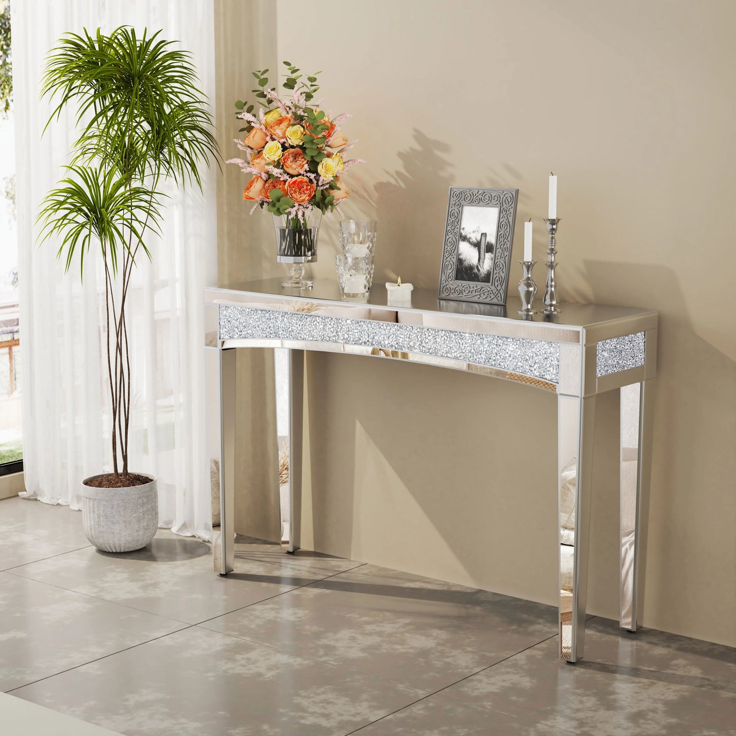 Wisfor Mirrored Console Table With Crystal Inlay For Living Room