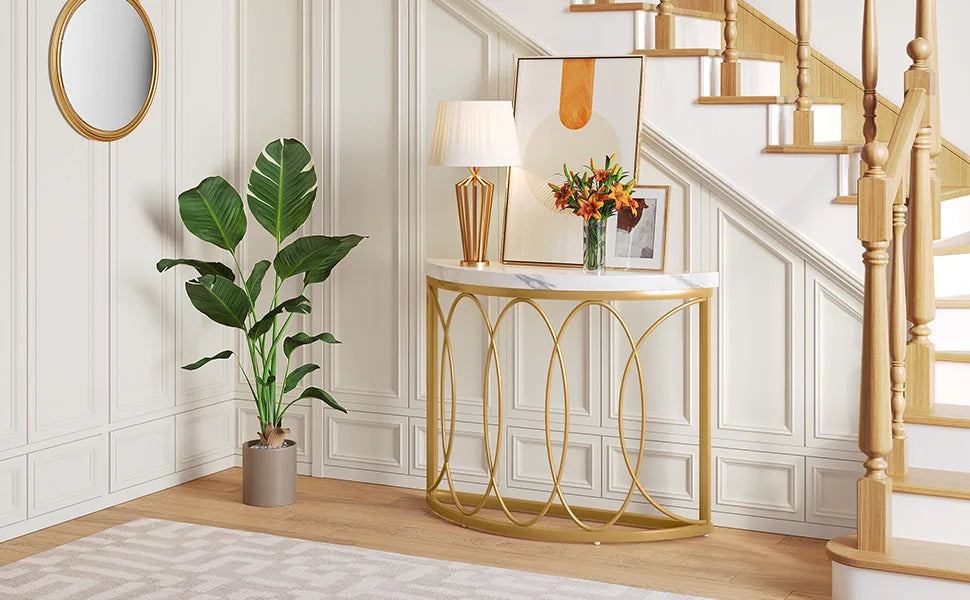 Tribesigns Half Moon Gold Console Table, 43" Modern Entryway Table, Narrow Semi Circle Sofa Table with Geometric Metal Frame