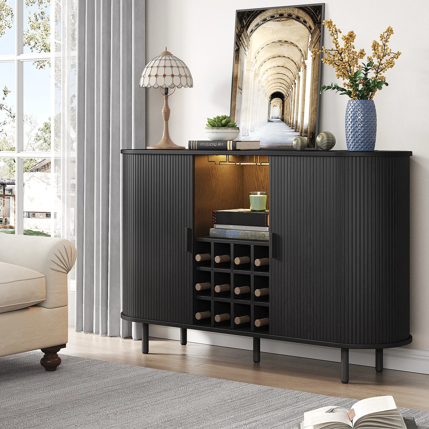 Door Style Wine Bar Cabinet With LED Lights