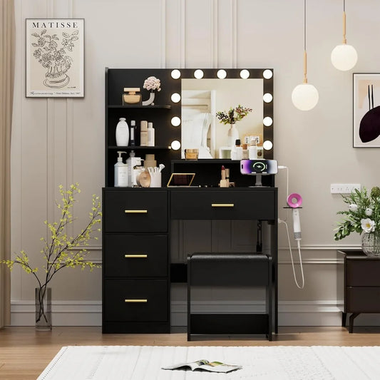 ZHUXIANG Vanity With Lights Mirror Power Outlet and Drawers