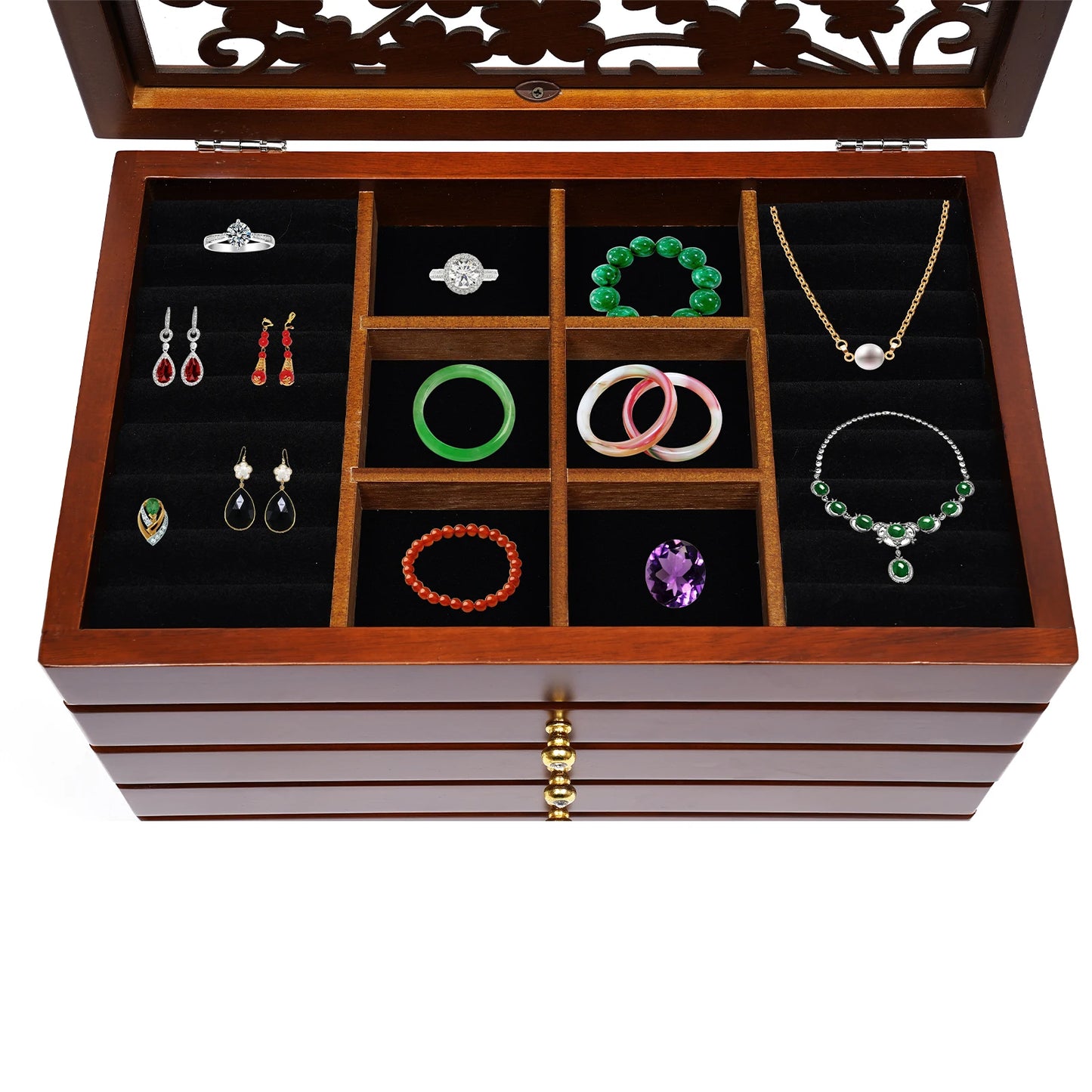 6 Layers Wooden Jewelry Boxes Ring Box with Velvet Fabric Jewelry Storage Organizer and Makeup Case Brown/White