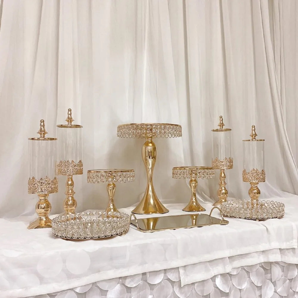 Crystal Gold Cake Stand Set 10 Pcs With Mirror Plate And Dessert Display