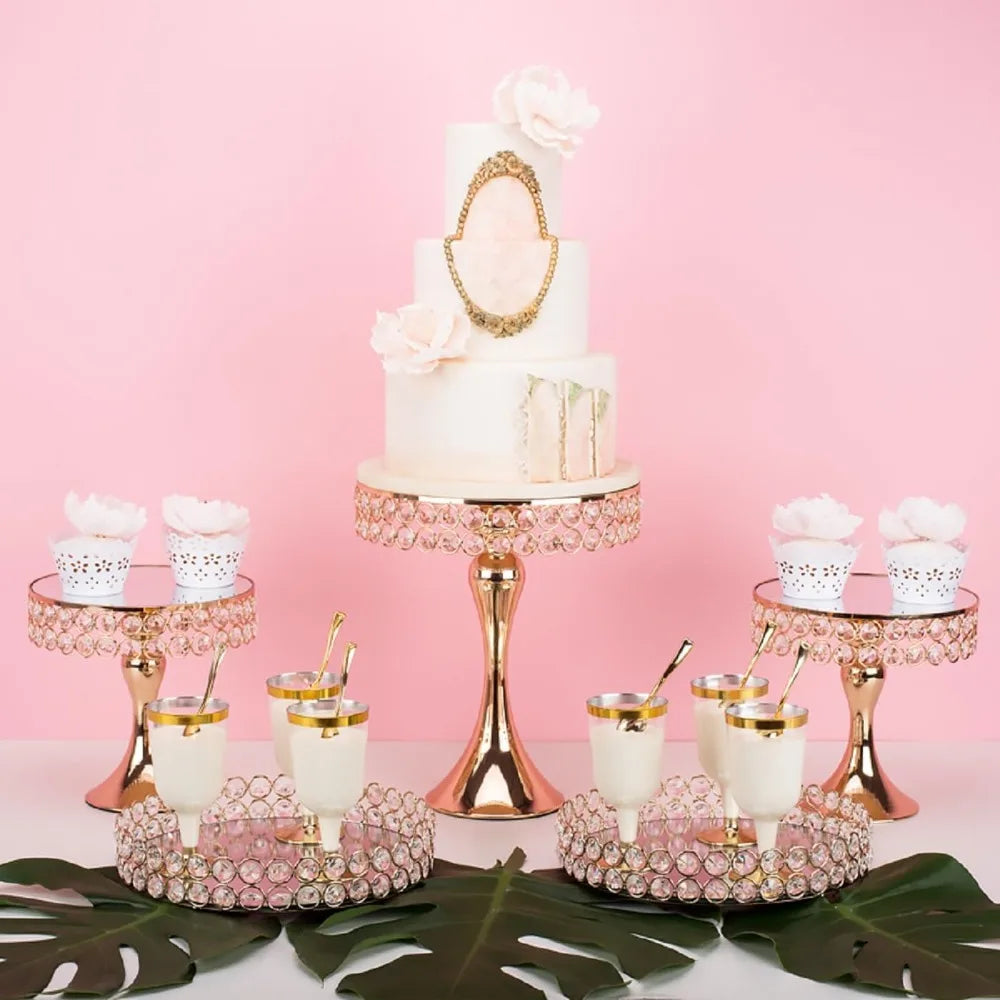 Crystal Gold Cake Stand Set 10 Pcs With Mirror Plate And Dessert Display