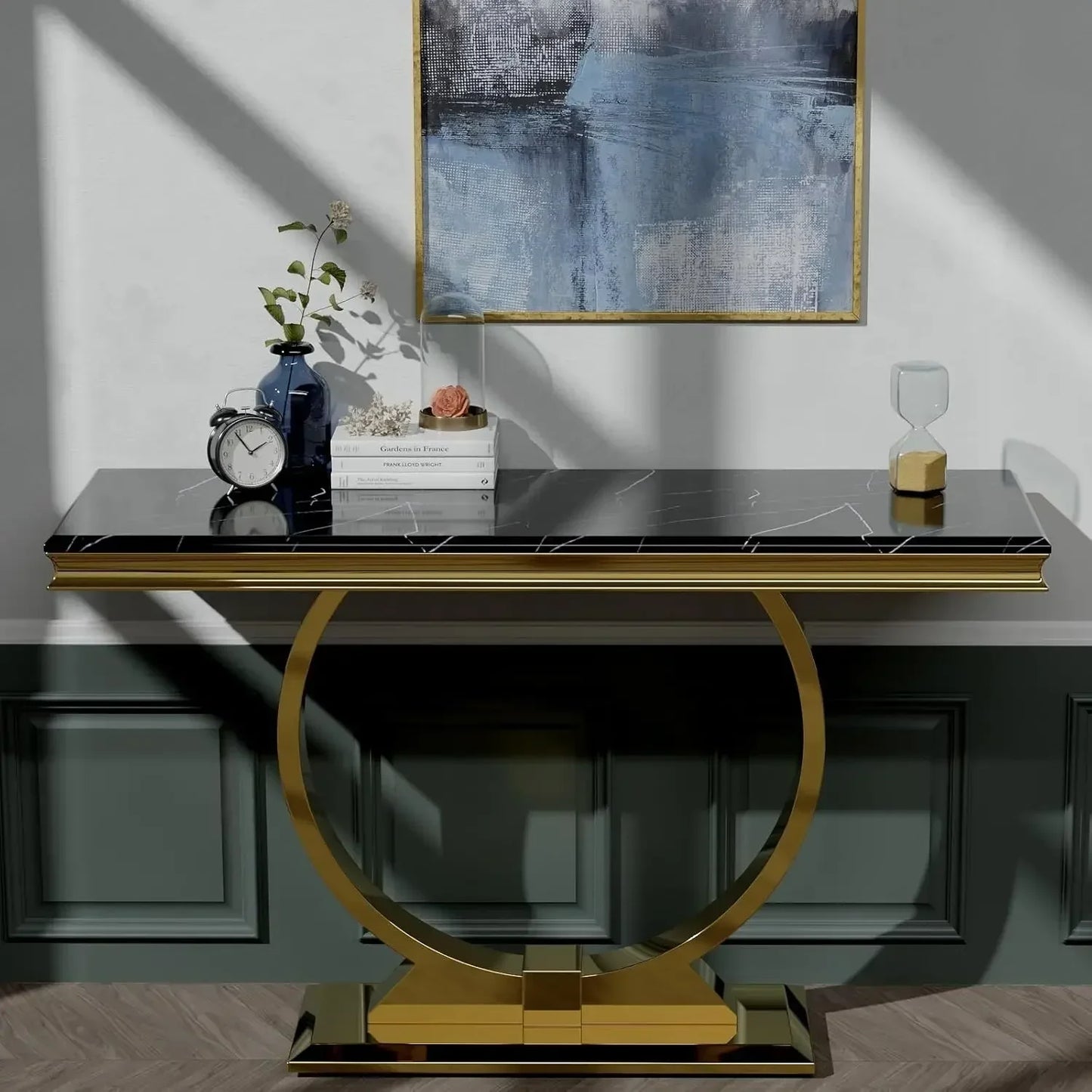 [New Arrival, Limited Stock!]Black Gold Console Table, 50" Black EntranceTable with Gold U Shaped Base, Luxury Entryway Table fo
