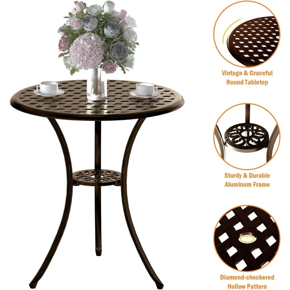 3-Piece Cast Aluminum Outdoor Bistro Set with Umbrella Hole for Balcony, Table and 2 Chairs