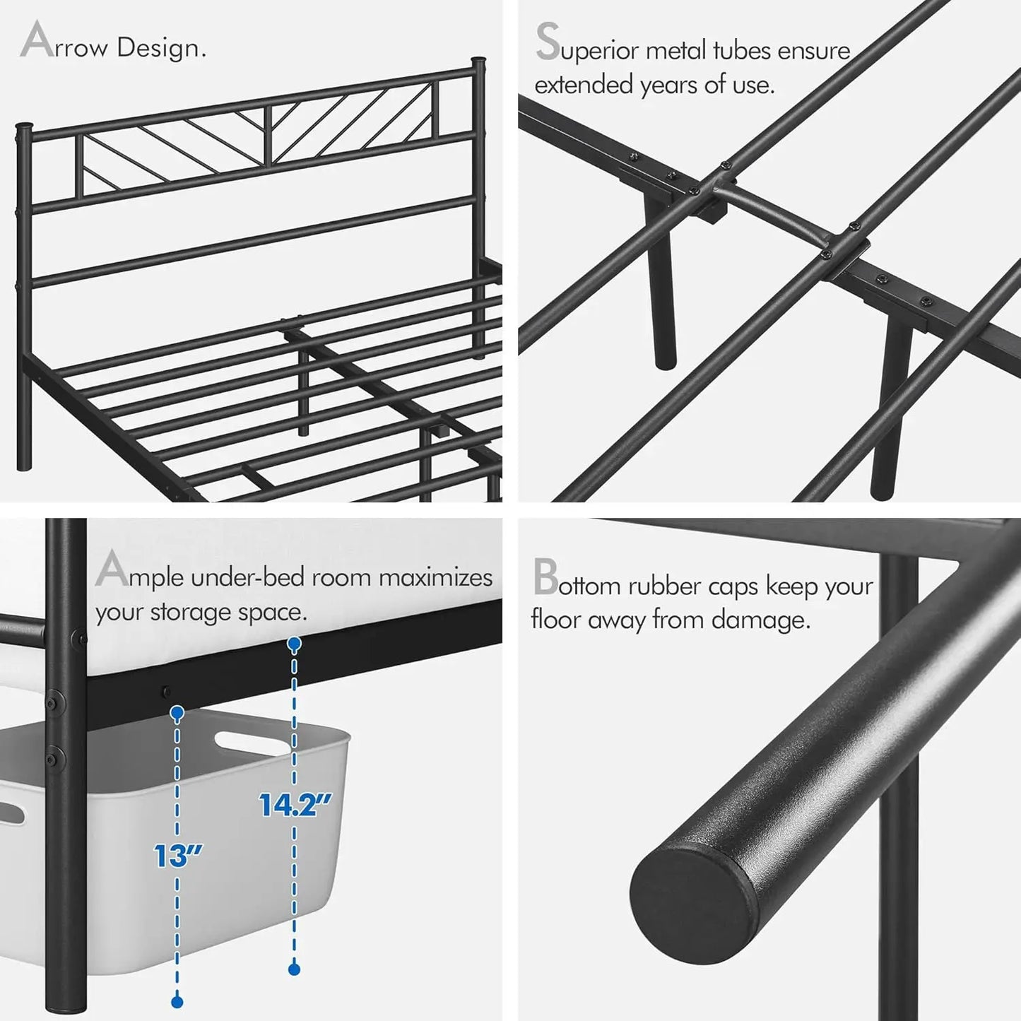 Queen Size Platform Bed Frame with Arrow Headboard, 13 Inch Height, Metal Slats Support, Easy Assembly, Black
