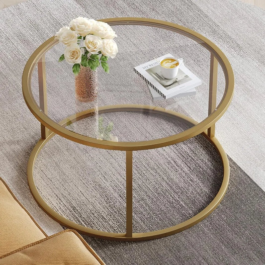 Small Glass Coffee Table Round Gold Coffee Table for Small Space Simple Center Table with Gold Frame for Living Room Hom