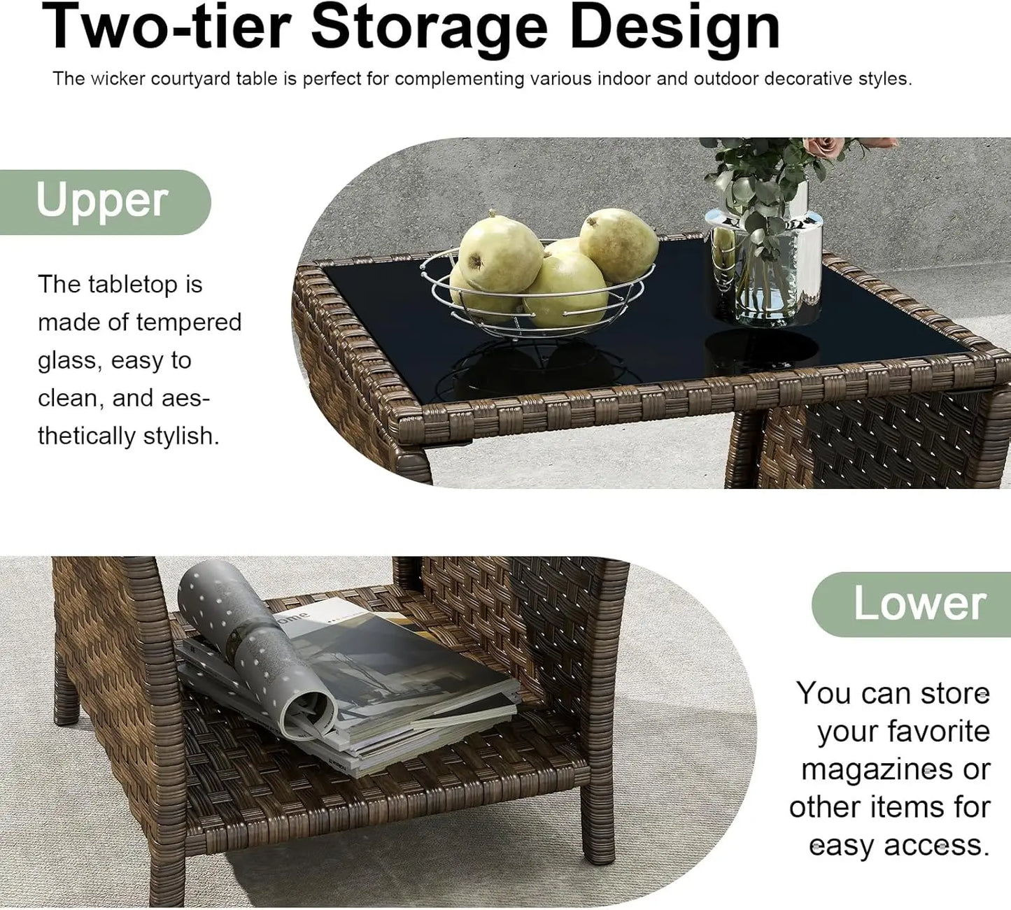 Outdoor Side Table - Set of 2 Tempered Glass Top Small Outdoor Wicker Table with Storage Shelf for Patio, Balcony & Porch