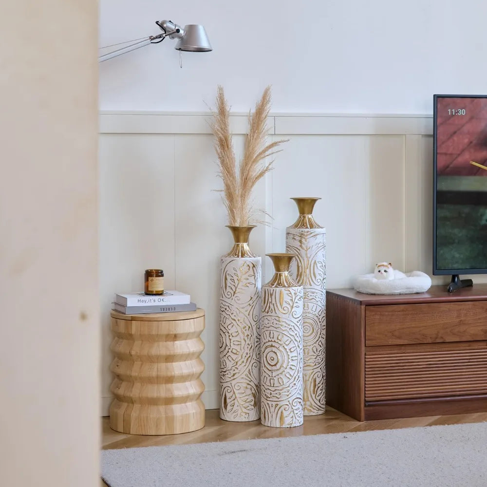 Set Of 3 Metal Vases With Briolette Accent Details