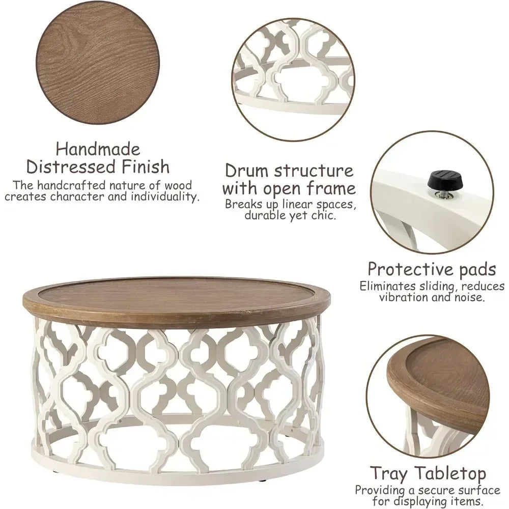 Farmhouse Coffee Table, Distressed Tray Top Table with Curved Motif Frame Base for Boho, Rustic, French Country Decor, Round,