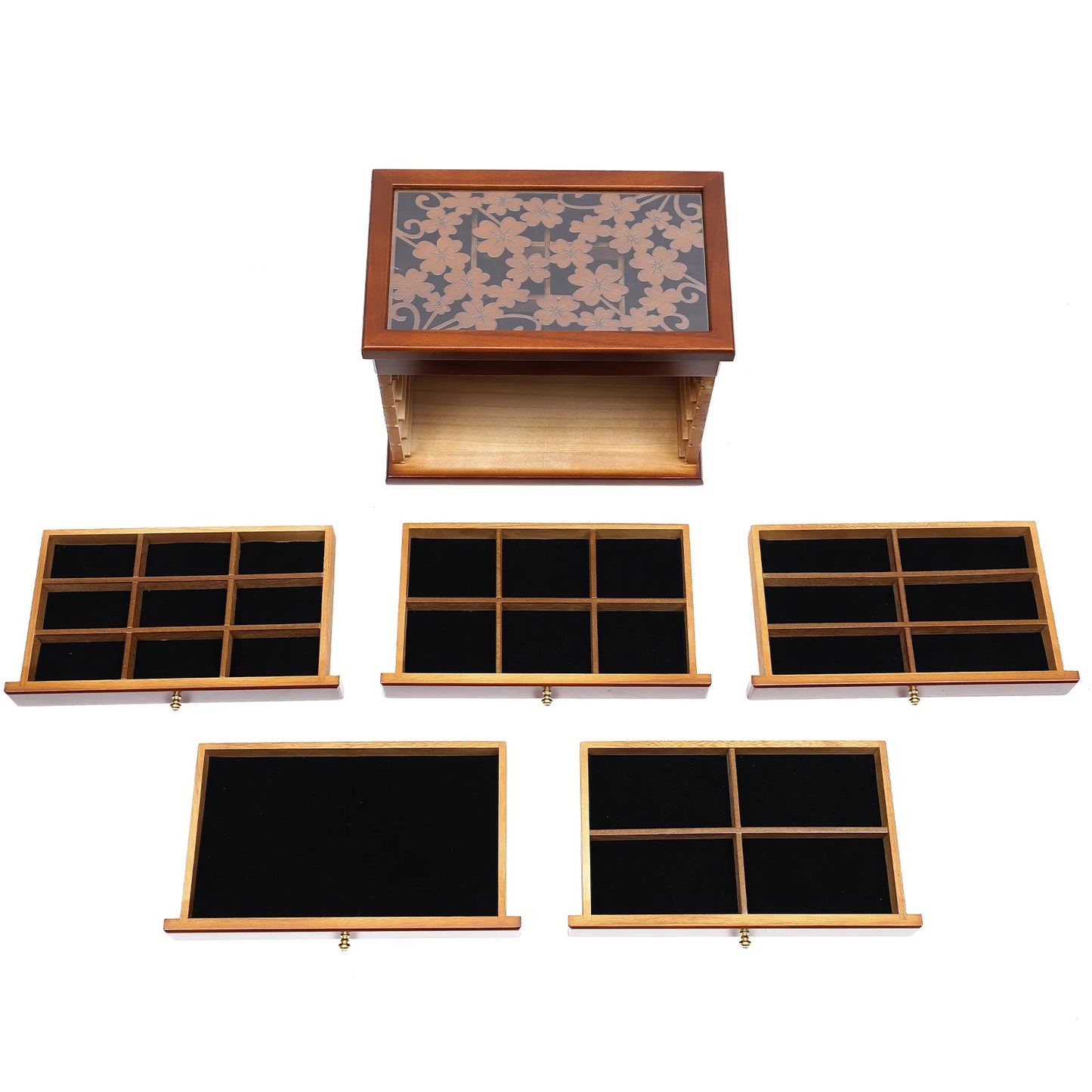 6 Layers Wooden Jewelry Boxes Ring Box with Velvet Fabric Jewelry Storage Organizer and Makeup Case Brown/White