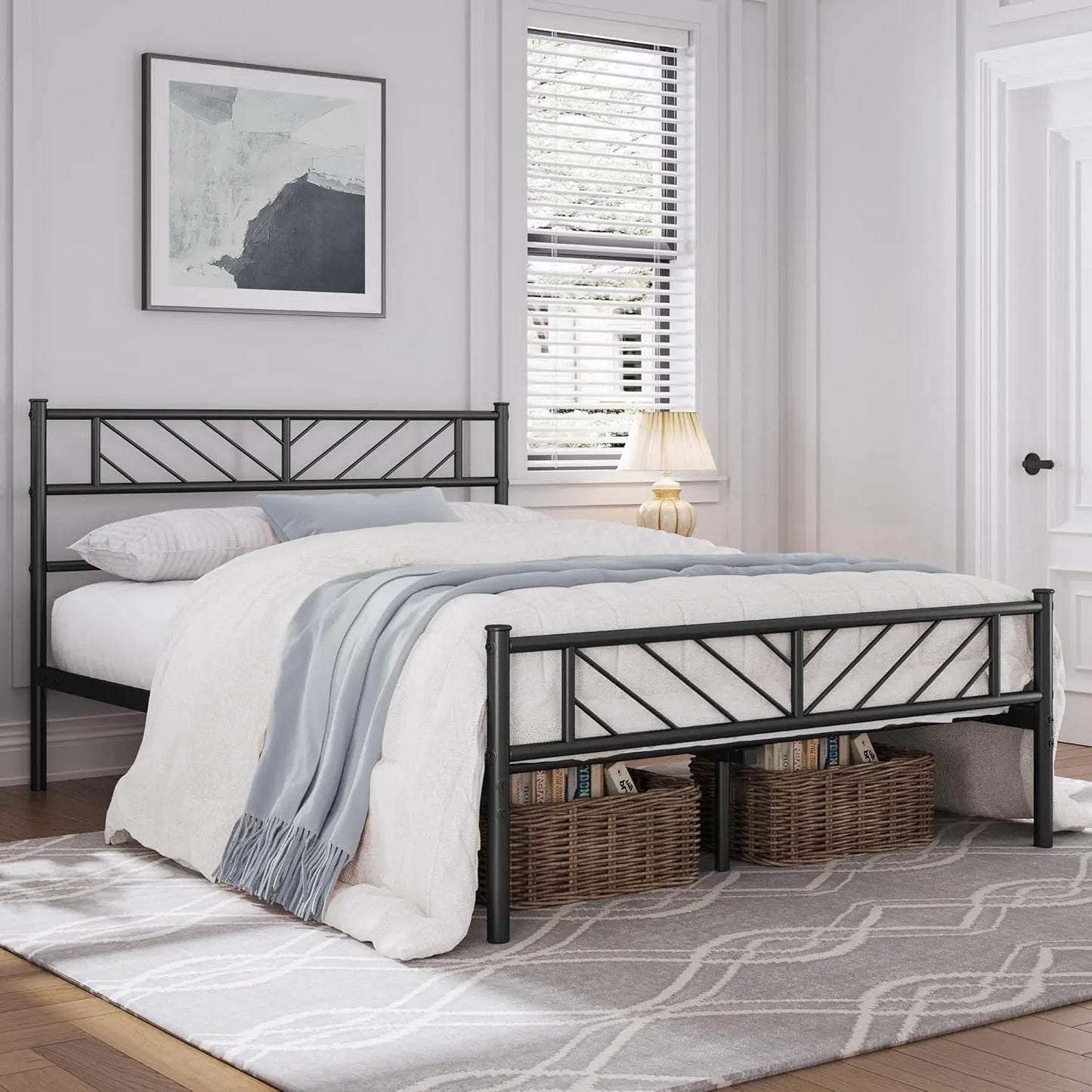 Queen Size Platform Bed Frame with Arrow Headboard, 13 Inch Height, Metal Slats Support, Easy Assembly, Black