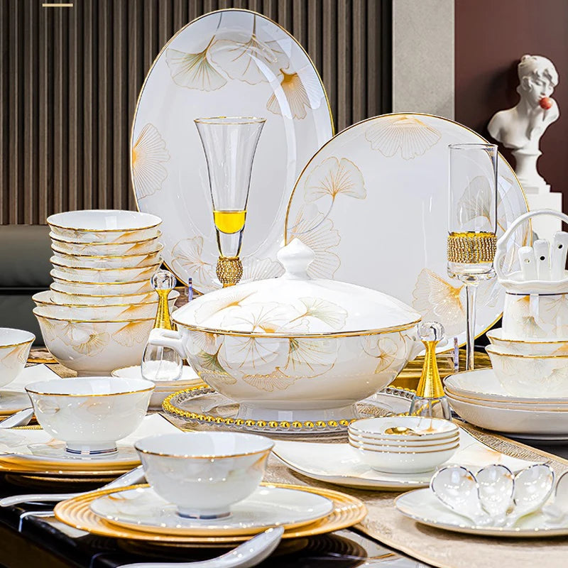 60 Heads Jingdezhen Bone China Dishes Set Pot Dinner Tableware Rice Bowl Soup Bowl Salad Noodles Bowl Plate Dish Bowl Dinnerware