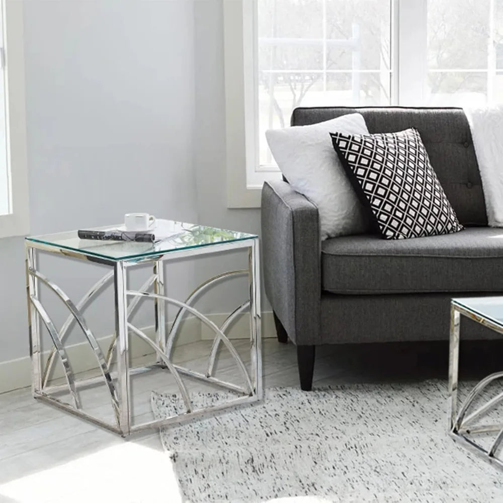 Accent Glass End Table Silver Modern Square 21.45" Glass and Silver End Table Coffee Table Tempered Glass with Stainless Steel F