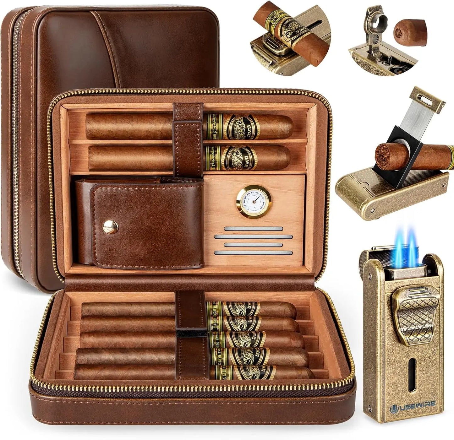 UseWire Leather Cigar Humidor With Lighter Cutter Built In