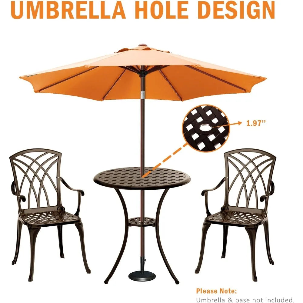 3-Piece Cast Aluminum Outdoor Bistro Set with Umbrella Hole for Balcony, Table and 2 Chairs