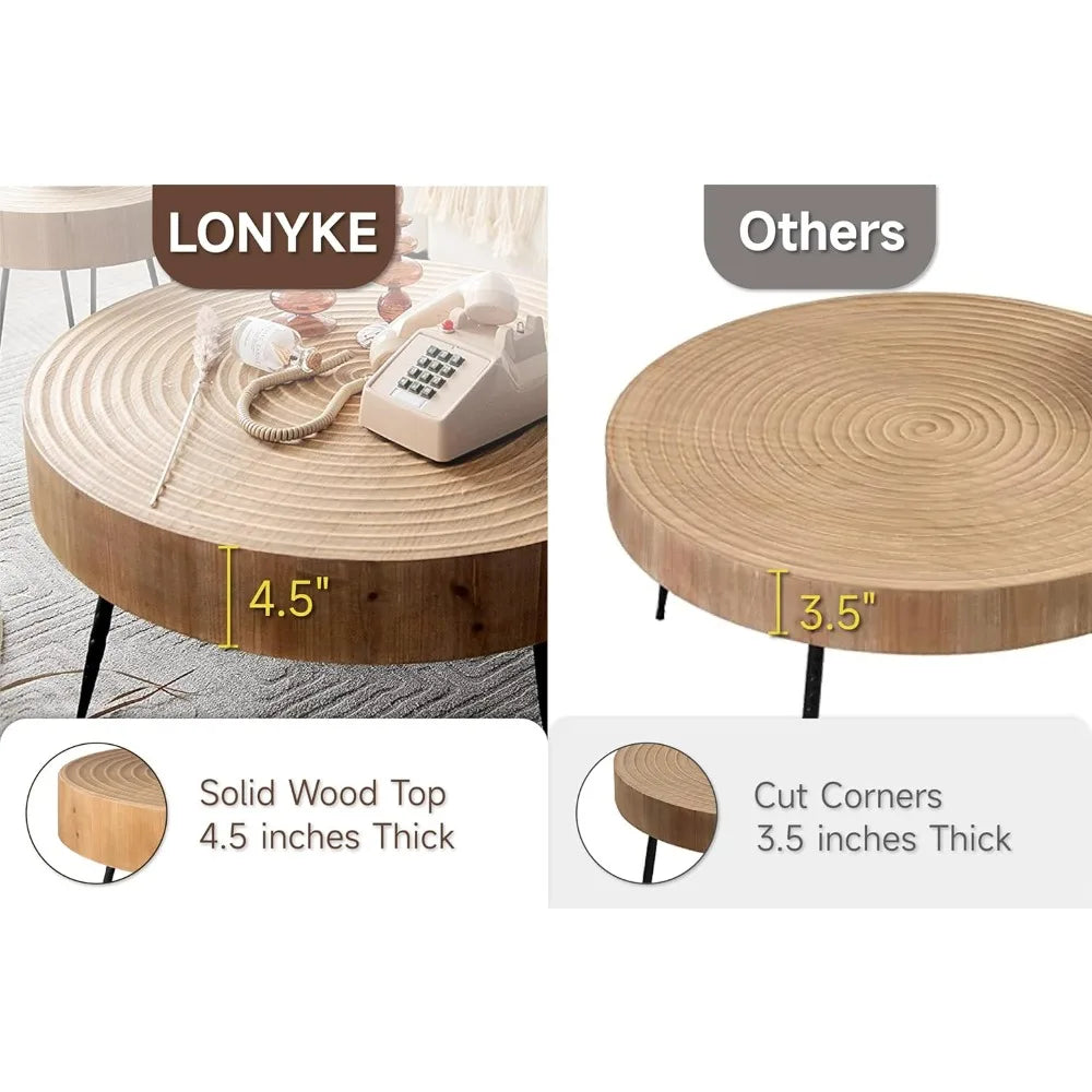 2-Piece Boho Farmhouse Nesting Table with Handcrafted Wood Ring Motif, Round Natural Finish Coffee Table Set for Living Room, F
