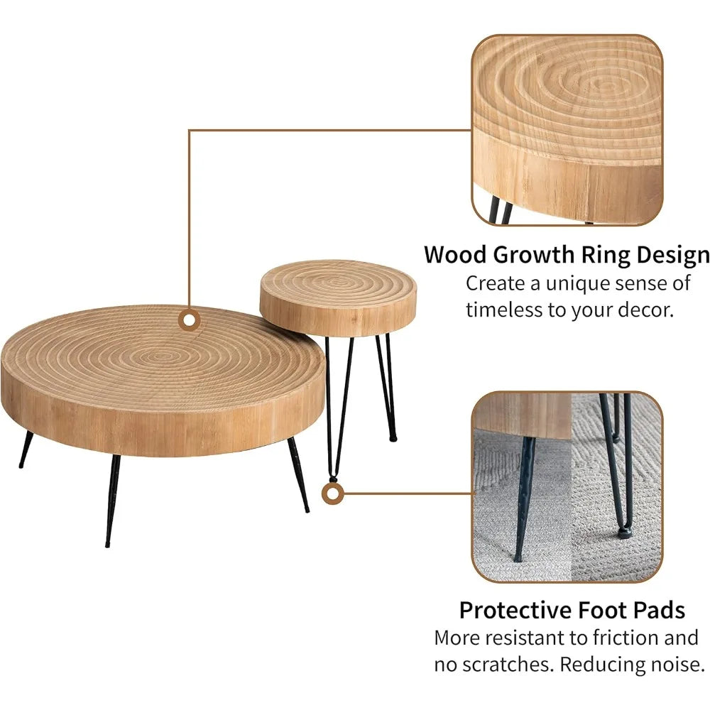 2-Piece Boho Farmhouse Nesting Table with Handcrafted Wood Ring Motif, Round Natural Finish Coffee Table Set for Living Room, F