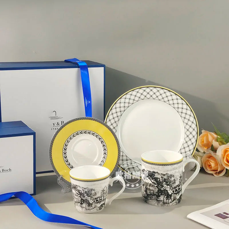 European Bone China Illustration Style German Orton Manor Home Western Plate Steak Plate Coffee Set Three-Piece Set Combination