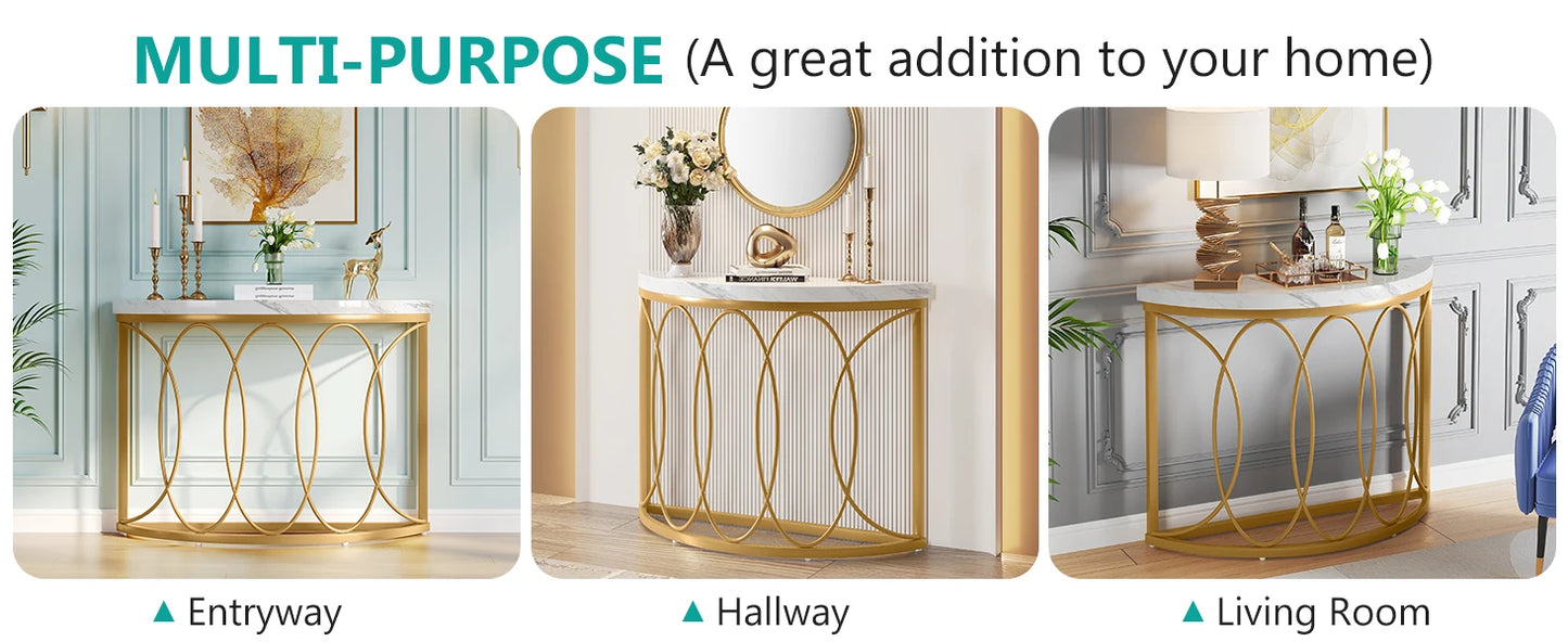 Tribesigns Half Moon Gold Console Table, 43" Modern Entryway Table, Narrow Semi Circle Sofa Table with Geometric Metal Frame