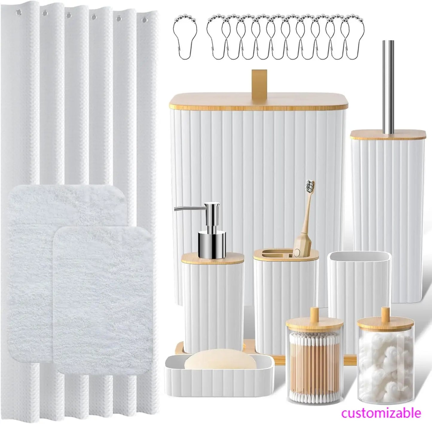 24PCS Bathroom Set. Shower Curtain, Rugs, Trash Can, Brush Holder, Soap Dispenser. Stylish & Functional. White.