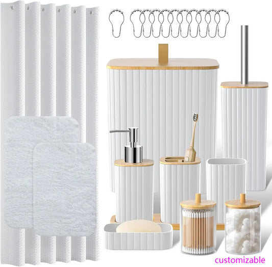 24PCS Bathroom Set. Shower Curtain, Rugs, Trash Can, Brush Holder, Soap Dispenser. Stylish & Functional. White.