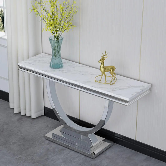 Modern Marble Console Table, Rectangular White and Silver Marble Sofa Table with U-Shape Stainless Steel Base with Silver Mirror