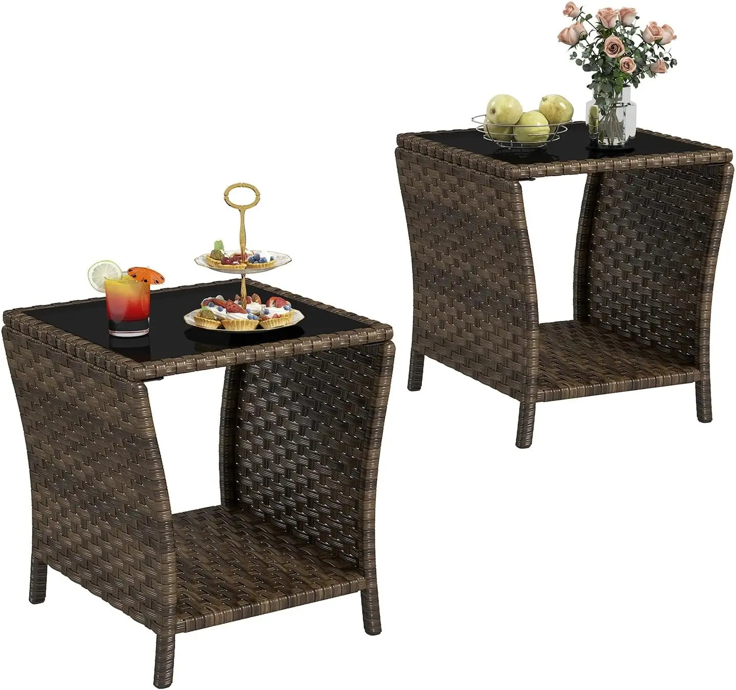 Outdoor Side Table - Set of 2 Tempered Glass Top Small Outdoor Wicker Table with Storage Shelf for Patio, Balcony & Porch