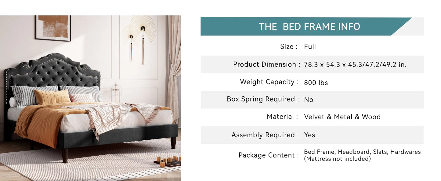 HOOMIC Velvet Tiara Headboard Adjustable Bed Frame Diamond Button Tufted