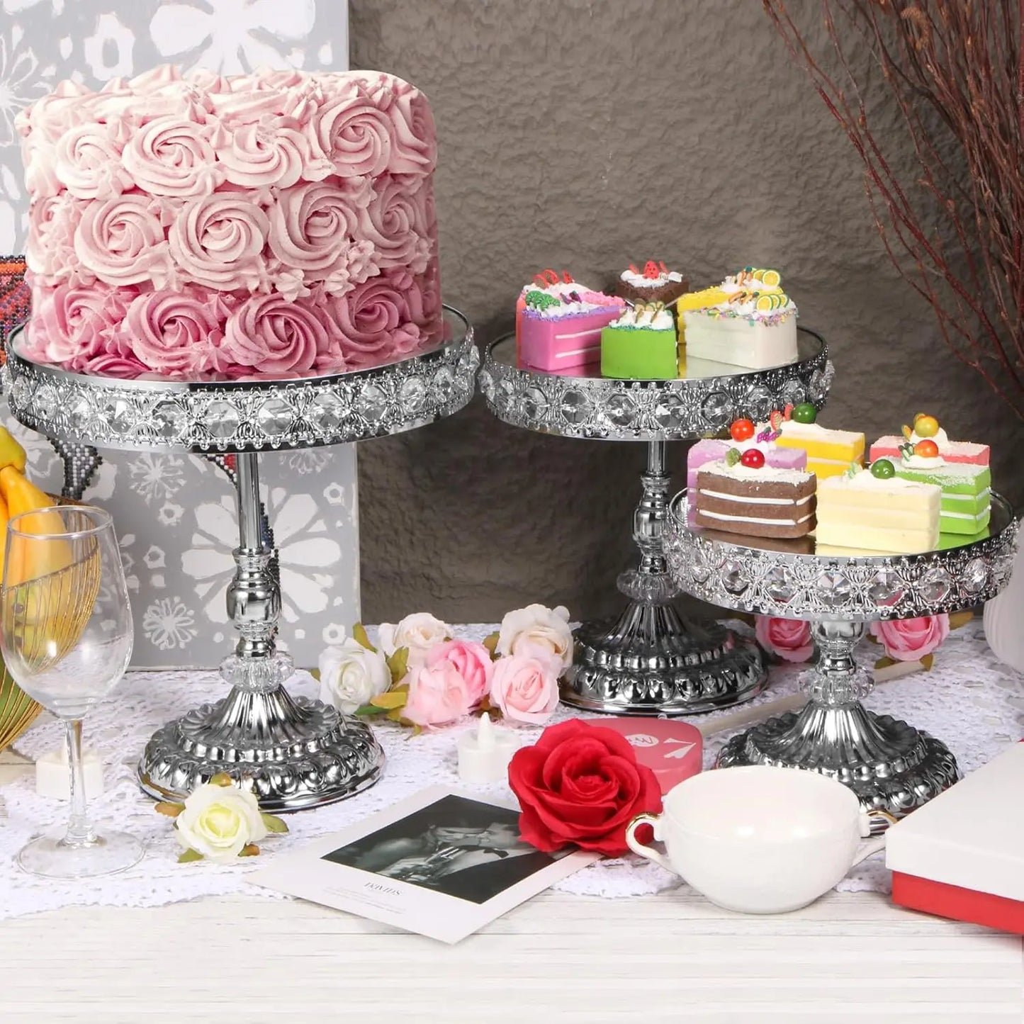 XMSJ 12-Piece Silver Cake Stand Set Vintage Crystal Edge Display