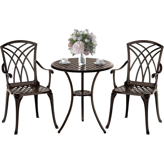 3-Piece Cast Aluminum Outdoor Bistro Set with Umbrella Hole for Balcony, Table and 2 Chairs