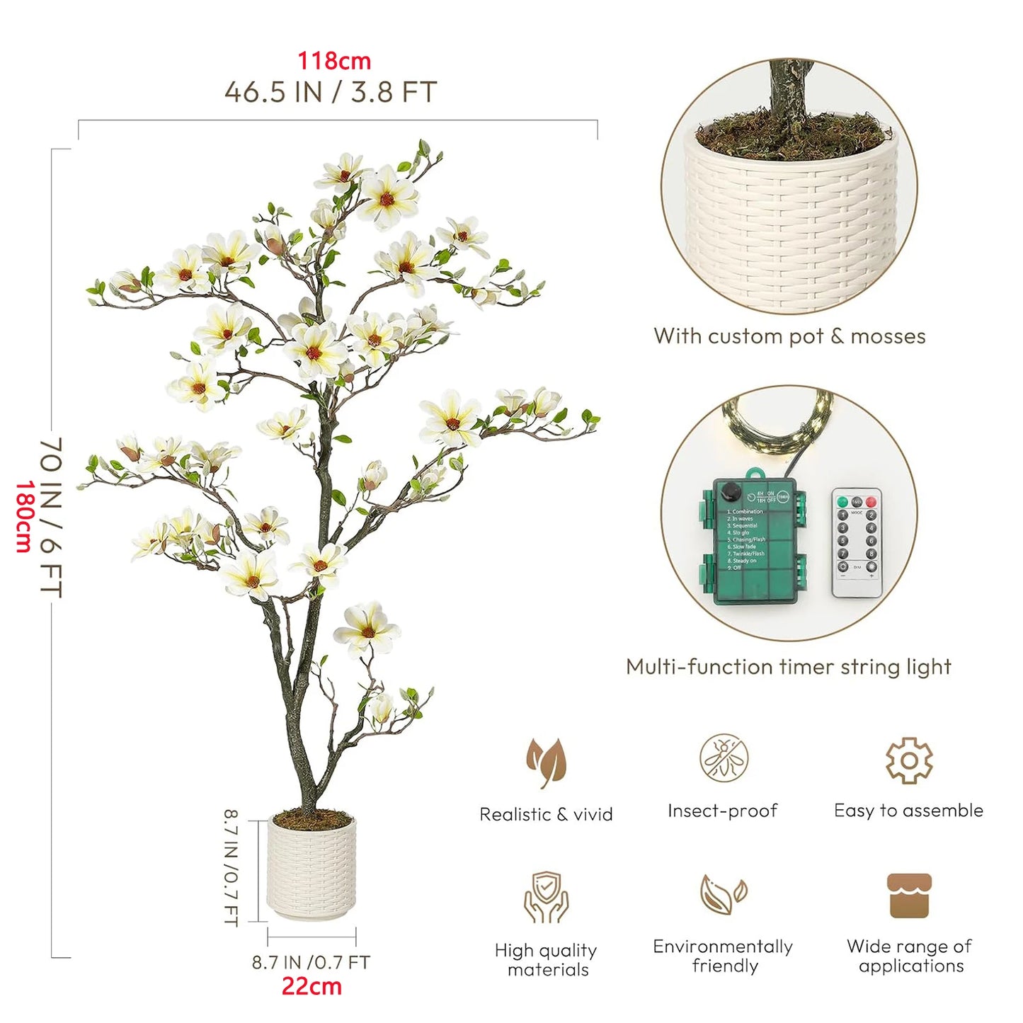 Artificial Magnolia Plant With LED Light Outdoor Patio Decor