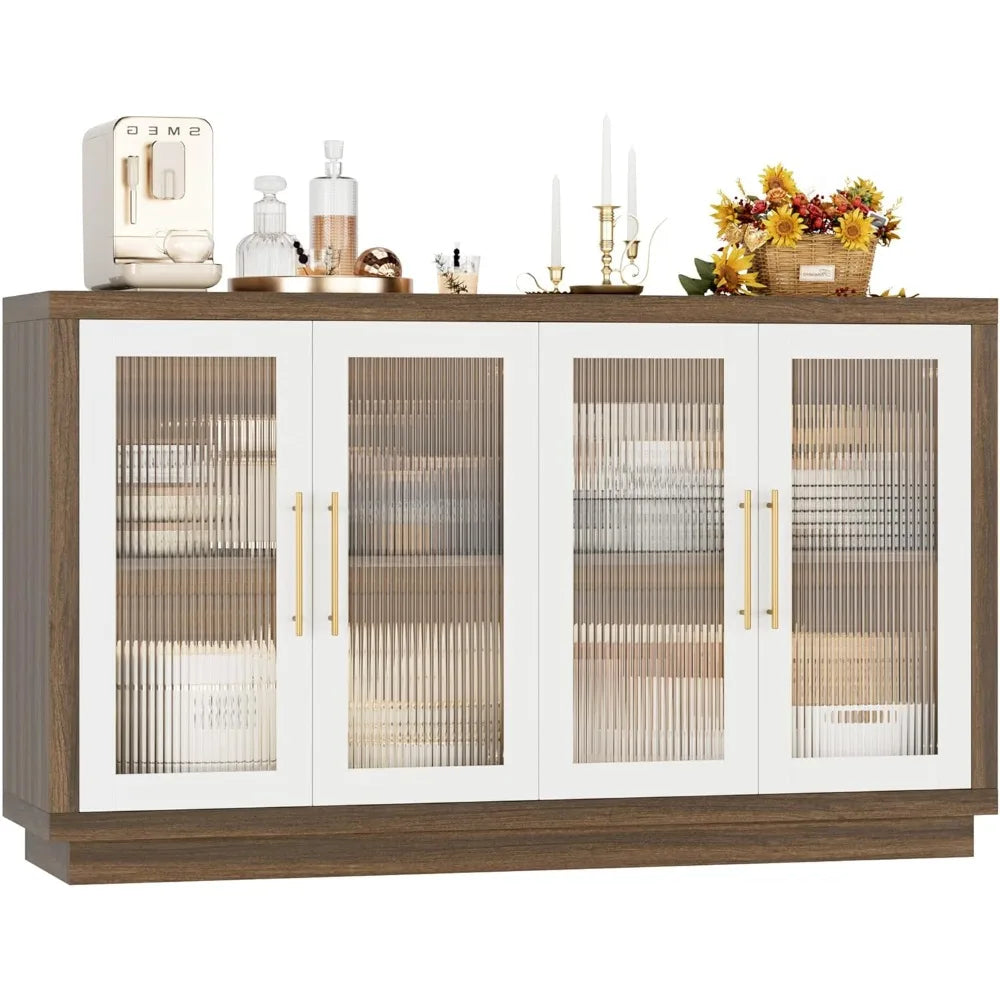 Buffet Cabinet with Storage, 55.1" Large Sideboard Buffet Cabinet, Modern Sideboard Kitchen Cabinet with 4 Fluted Glass Doors