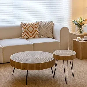 2-Piece Boho Farmhouse Nesting Table with Handcrafted Wood Ring Motif, Round Natural Finish Coffee Table Set for Living Room, F
