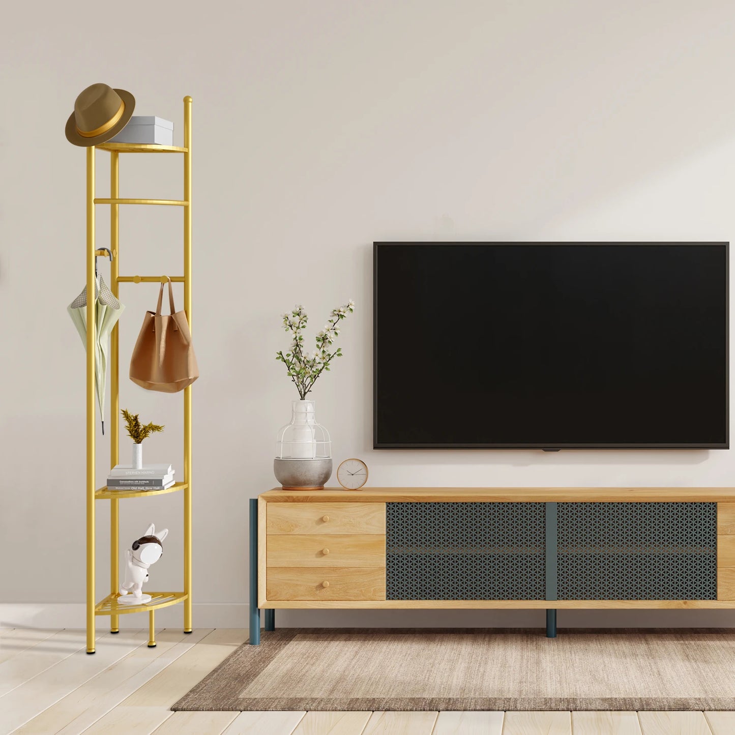 Metal Corner Coat Stand Clothes Rack with Storage Shelf Free Standing Garment Rack Hall Tree