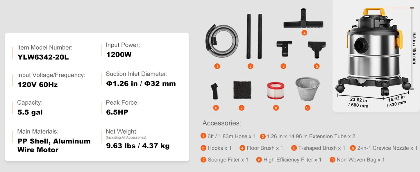 SucceBuy Stainless Steel Wet Dry Shop Vacuum Powerful Suction