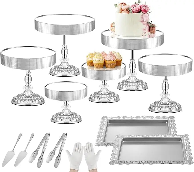 XMSJ 12-Piece Silver Cake Stand Set Vintage Crystal Edge Display