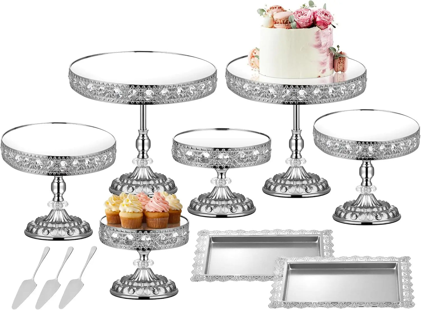 XMSJ 12-Piece Silver Cake Stand Set Vintage Crystal Edge Display