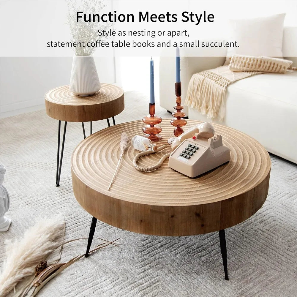2-Piece Boho Farmhouse Nesting Table with Handcrafted Wood Ring Motif, Round Natural Finish Coffee Table Set for Living Room, F