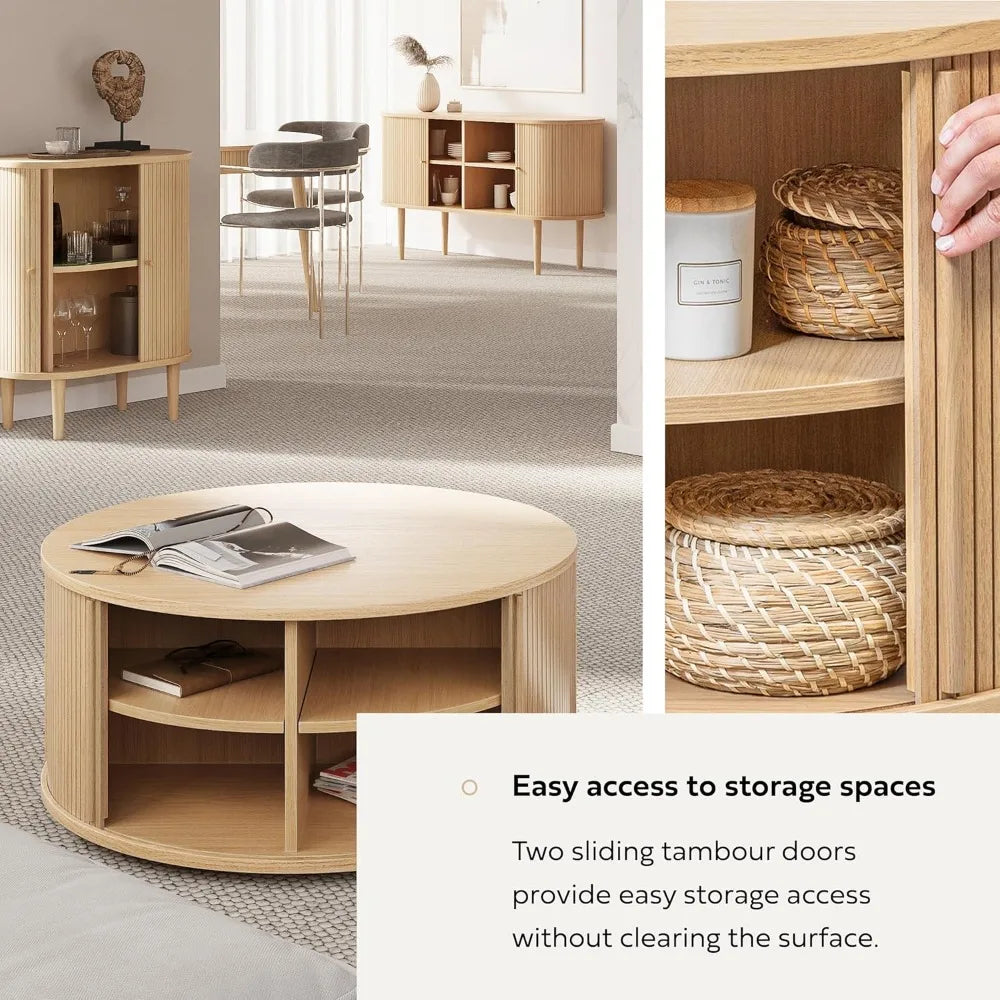 35'' Round Coffee Table with Storage and Shelves - Round Center Table for Living Room and Office. Wood Mid Century Modern Coffe