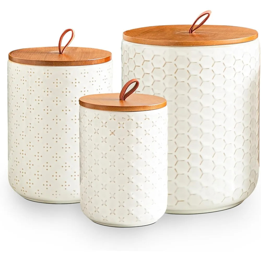 Ceramic Canister Set With Wooden Lids Airtight Food Jars